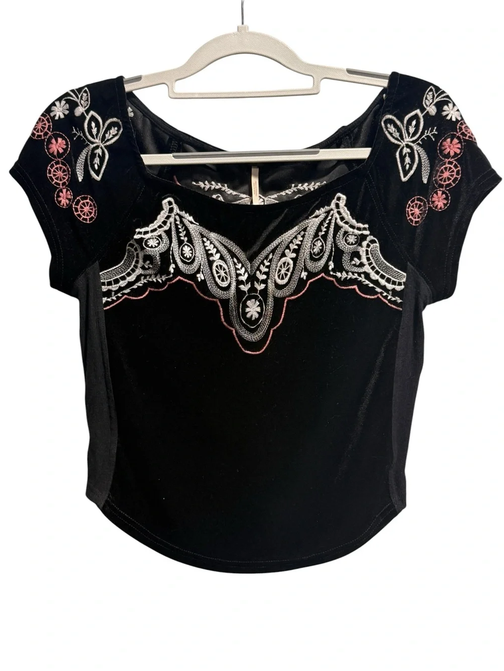 Free People Party Train Embroidered Black Velvet Top Size XS Whimsigoth Boho